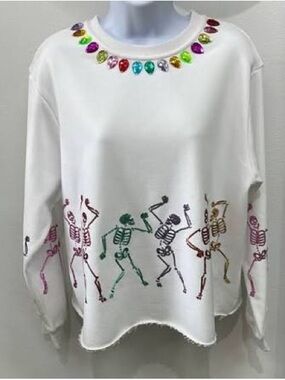NWOT -Queen of Sparkles - Dancing skeletons on White crew sweatshirt / Size XS